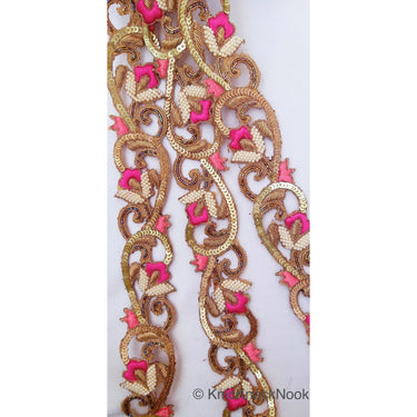Hand Embroidered Lace Trim, Pink Floral Embroidery, Beaded In Off White Seed Beads & Bugle Beads